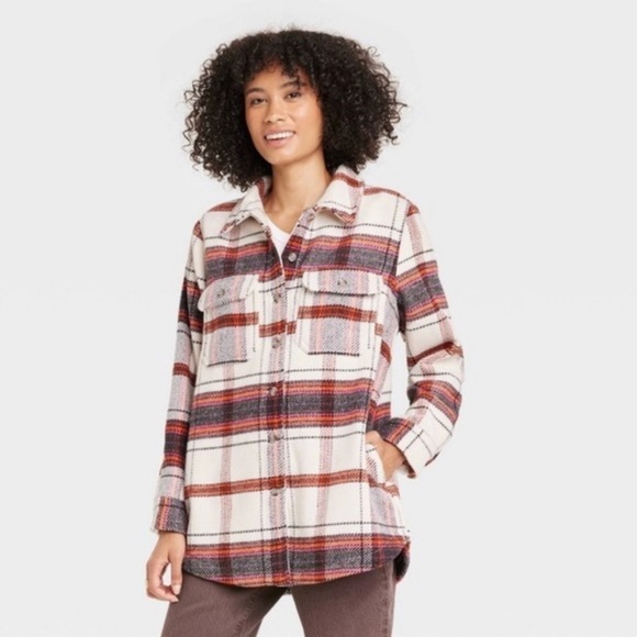 Universal Thread Ivory|Red Plaid Button Down Shacket Sz XS - Picture 1 of 5